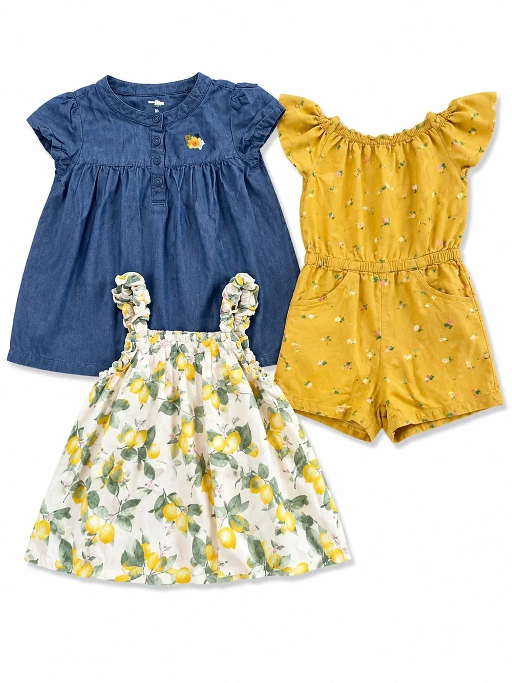 Girls' 5T Summer clothing bundle Lemon tank top, Chambray short sleeve & Romper